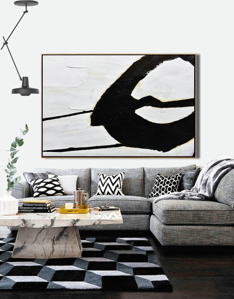 Modern Paintings On Canvas,Horizontal Palette Knife Minimal Canvas Art Painting Black White Beige - Hand Painted Abstract Art